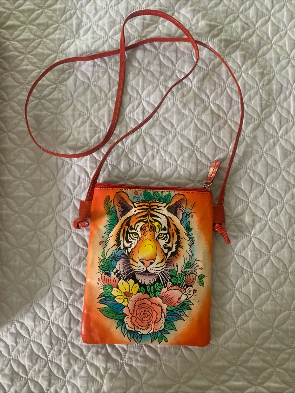 100% Leather Orange Tiger Floral Crossbody Bag